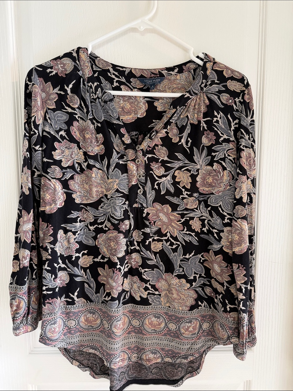 Lucky Brand Black Floral Paisley Henley Tunic with Metallic Accents